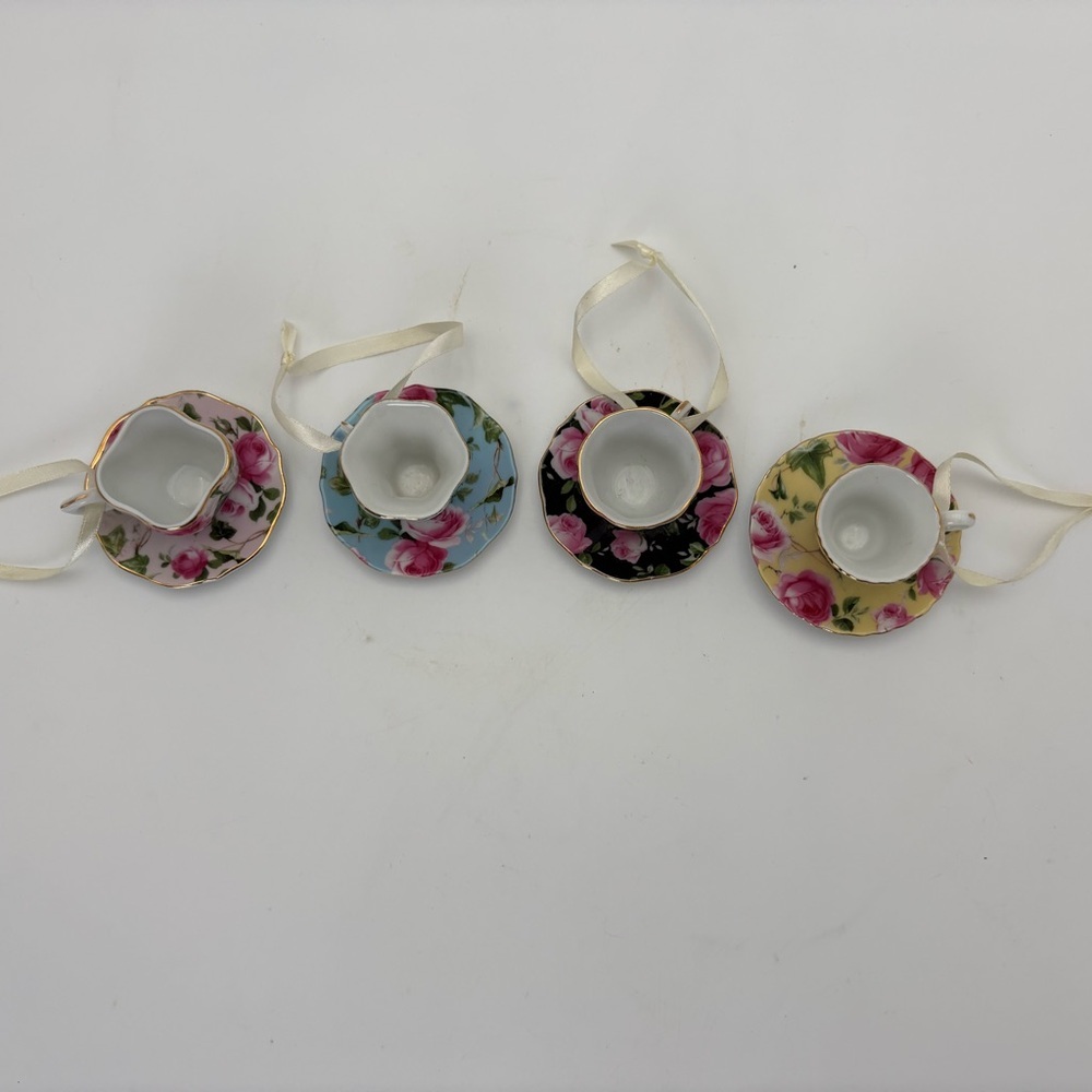 Set of 4 Floral Mini Teacup Ornaments - Pink Roses on Colorful Backgrounds - Picture 4 of 12
